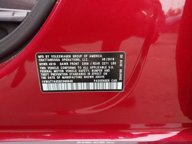45180648 :رقم المزاد ، 1VWAT7A32GC068545 vin ، 2016 Volkswagen Passat 1.8t S مزاد بيع
