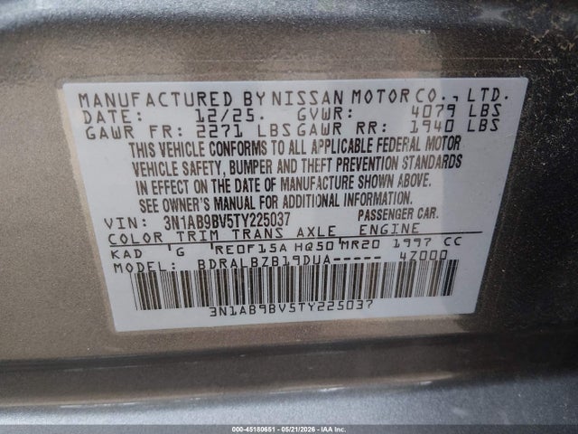 Продажа на аукционе авто 2026 Nissan Sentra S, vin: 3N1AB9BV5TY225037, номер лота: 45180651