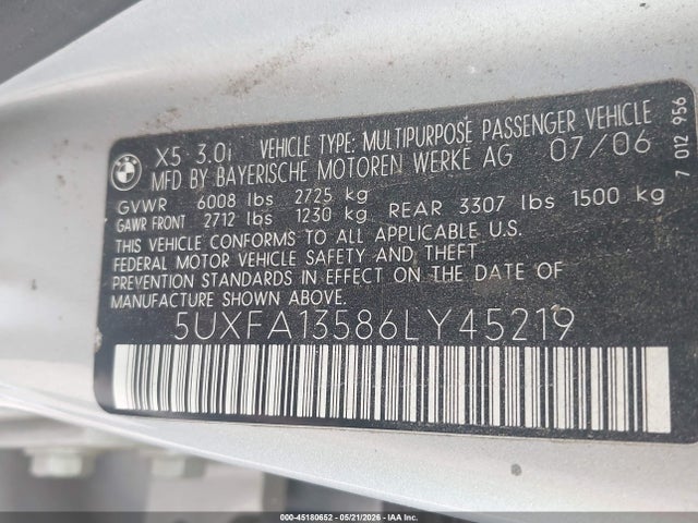 Aukcja sprzedaży 2006 Bmw X5 3.0i, vin: 5UXFA13586LY45219, numer aukcji: 45180652