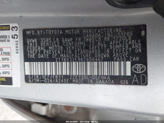 Aukcja sprzedaży 2006 Toyota Corolla Le, vin: 2T1BR32E96C606467, numer aukcji: 45180661