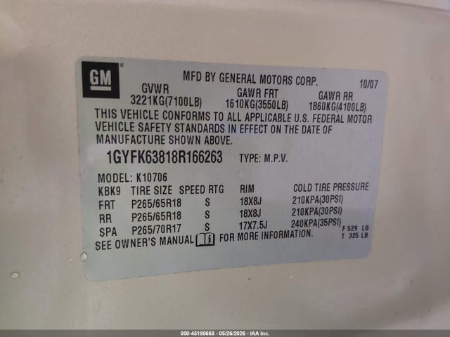 Продаж на аукціоні авто 2008 Cadillac Escalade Standard, vin: 1GYFK63818R166263, номер лоту: 45180668