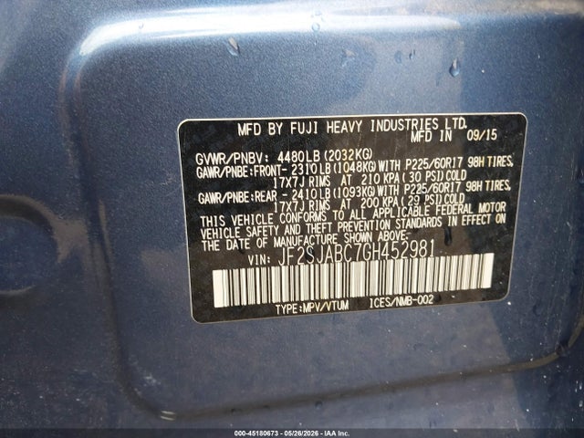Aukcja sprzedaży 2016 Subaru Forester 2.5i, vin: JF2SJABC7GH452981, numer aukcji: 45180673