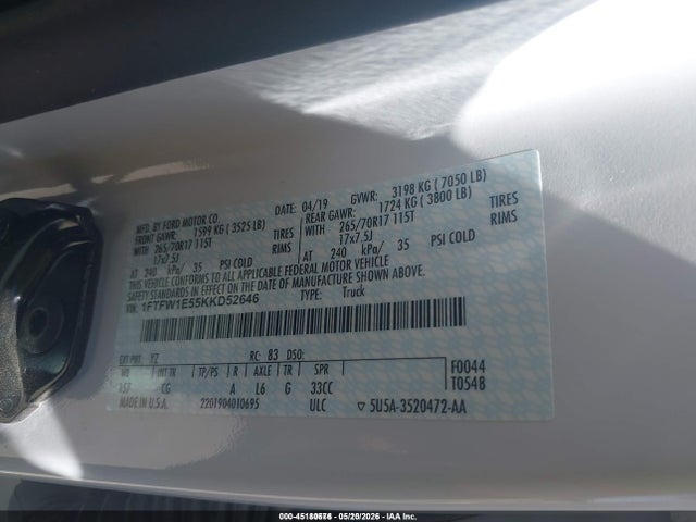 Aukcja sprzedaży 2019 Ford F-150 Xl, vin: 1FTFW1E55KKD52646, numer aukcji: 45180676