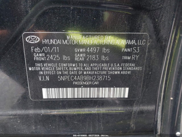45180688 :رقم المزاد ، 5NPEC4AB9BH238715 vin ، 2011 Hyundai Sonata Se 2.0t مزاد بيع