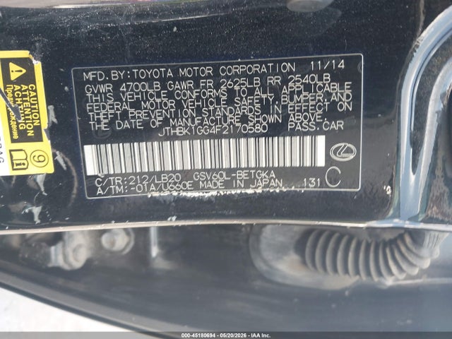 45180694 :رقم المزاد ، JTHBK1GG4F2170580 vin ، 2015 Lexus Es 350 مزاد بيع