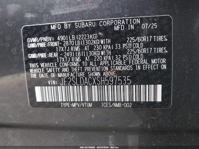 45180696 :رقم المزاد ، JF2SLDACXSH597535 vin ، 2025 Subaru Forester مزاد بيع