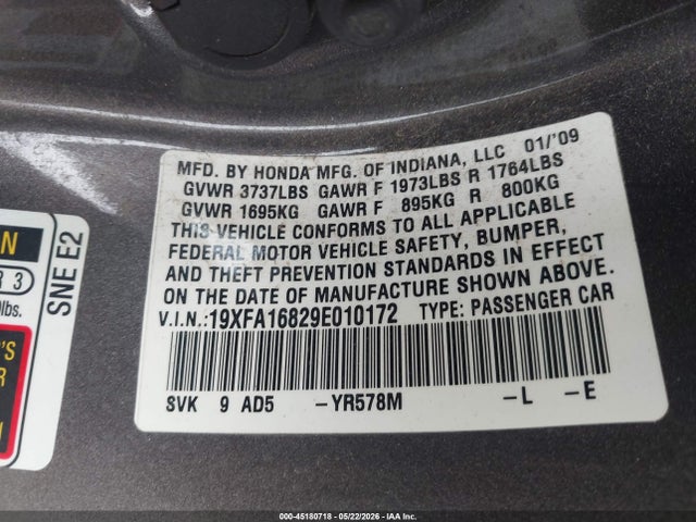 45180718 :رقم المزاد ، 19XFA16829E010172 vin ، 2009 Honda Civic Ex مزاد بيع