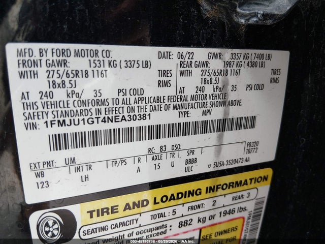 Aukcja sprzedaży 2022 Ford Expedition Xl, vin: 1FMJU1GT4NEA30381, numer aukcji: 45180738