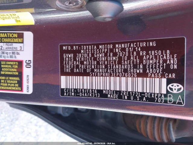Toyota Corolla Le Eco Plus 2014 5YFBPRHE3EP076026 Image 9