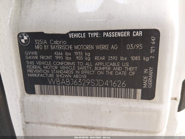 Aukcja sprzedaży 1995 Bmw 325 Ic Automatic, vin: WBABJ6329SJD41626, numer aukcji: 45180760
