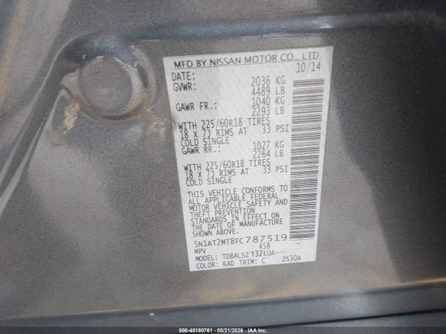 Aukcja sprzedaży 2015 Nissan Rogue Sl, vin: 5N1AT2MT8FC787519, numer aukcji: 45180761