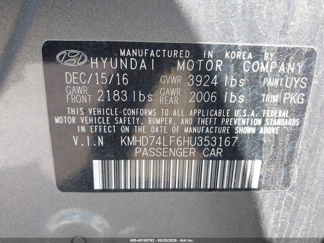 45180762 :رقم المزاد ، KMHD74LF6HU353167 vin ، 2017 Hyundai Elantra Se مزاد بيع