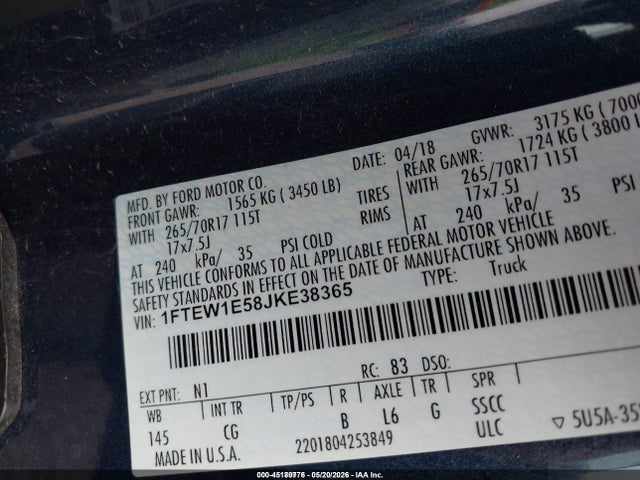 Auction sale of the 2018 Ford F-150 Xl, vin: 1FTEW1E58JKE38365, lot number: 45180776