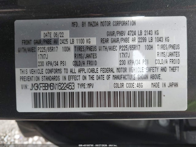 45180785 :رقم المزاد ، JM3KFBBM6N1622453 vin ، 2022 Mazda Cx-5 2.5 S Select مزاد بيع