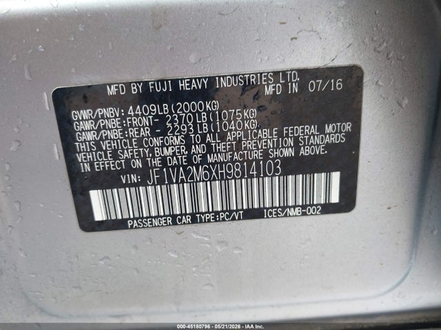 Продаж на аукціоні авто 2017 Subaru Wrx Sti, vin: JF1VA2M6XH9814103, номер лоту: 45180796