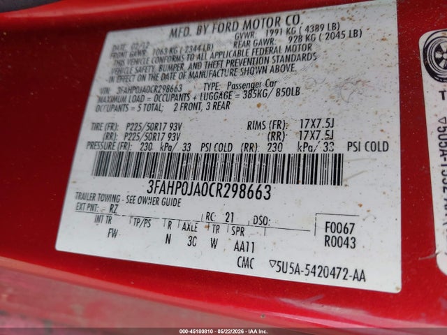 Aukcja sprzedaży 2012 Ford Fusion Sel, vin: 3FAHP0JA0CR298663, numer aukcji: 45180810