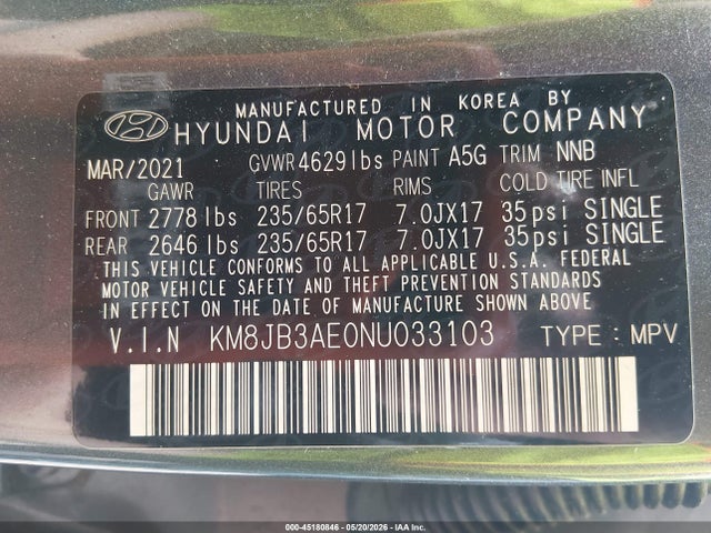 Aukcja sprzedaży 2022 Hyundai Tucson Sel, vin: KM8JB3AE0NU033103, numer aukcji: 45180846
