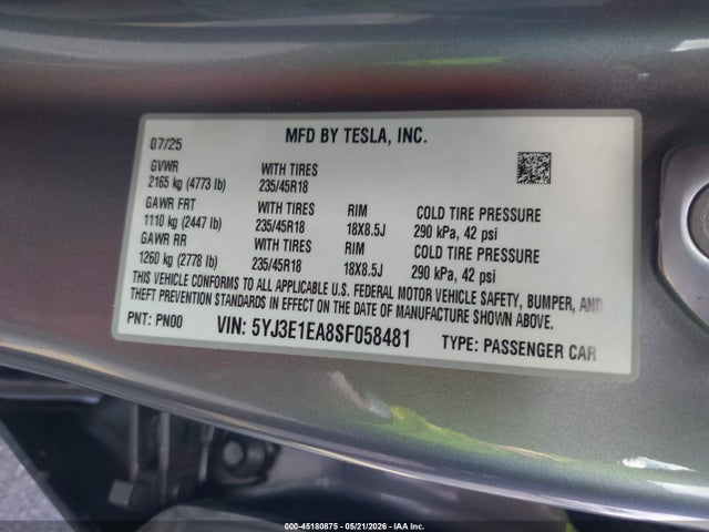 Продаж на аукціоні авто 2025 Tesla Model 3 Long Range Rear-wheel Drive/standard Rear-wheel Drive, vin: 5YJ3E1EA8SF058481, номер лоту: 45180875