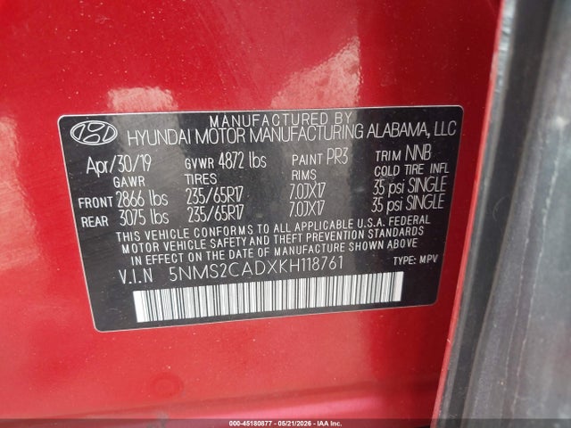 45180877 :رقم المزاد ، 5NMS2CADXKH118761 vin ، 2019 Hyundai Santa Fe Se مزاد بيع