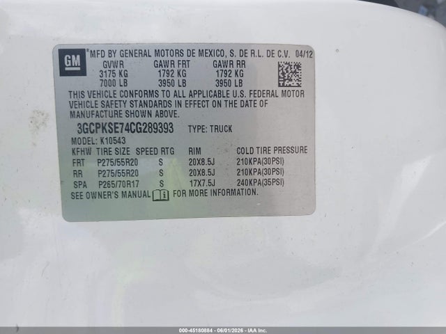 2012 Chevrolet Silverado 1500 Lt მანქანა იყიდება აუქციონზე, vin: 3GCPKSE74CG289393, აუქციონის ნომერი: 45180884
