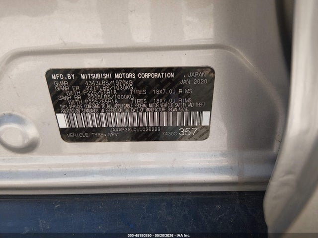 Продажа на аукционе авто 2020 Mitsubishi Outlander Sport 2.0 Se Awc, vin: JA4AR3AU0LU026229, номер лота: 45180890
