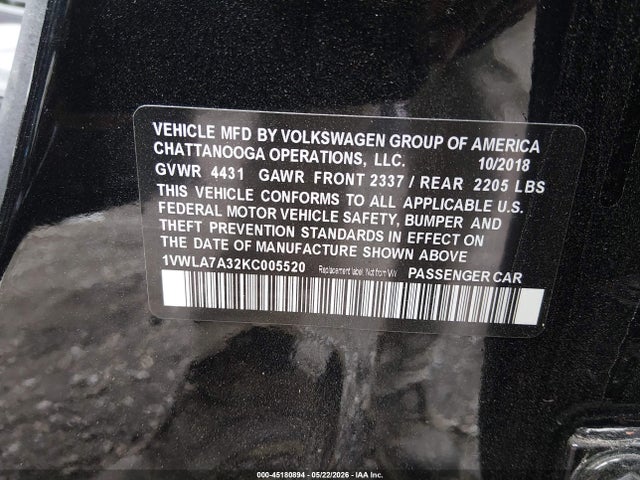 Aukcja sprzedaży 2019 Volkswagen Passat 2.0t Wolfsburg Edition, vin: 1VWLA7A32KC005520, numer aukcji: 45180894