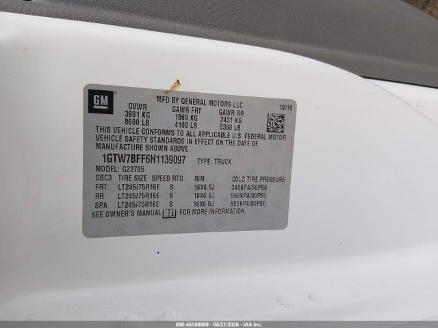 Aukcja sprzedaży 2017 Gmc Savana 2500 Work Van, vin: 1GTW7BFF6H1139097, numer aukcji: 45180899