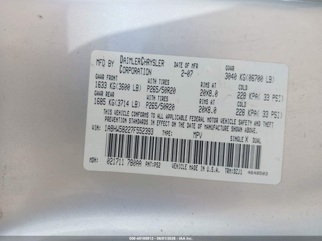 45180912 :رقم المزاد ، 1A8HW58227F552393 vin ، 2007 Chrysler Aspen Limited مزاد بيع