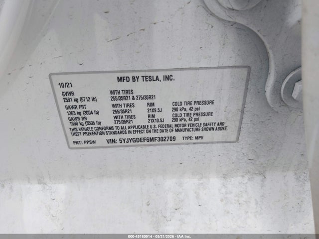 45180914 :رقم المزاد ، 5YJYGDEF6MF302709 vin ، 2021 Tesla Model Y Performance Dual Motor All-wheel Drive مزاد بيع