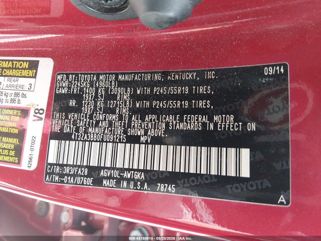 45180915 :رقم المزاد ، 4T3ZA3BB0FU091215 vin ، 2015 Toyota Venza Le مزاد بيع