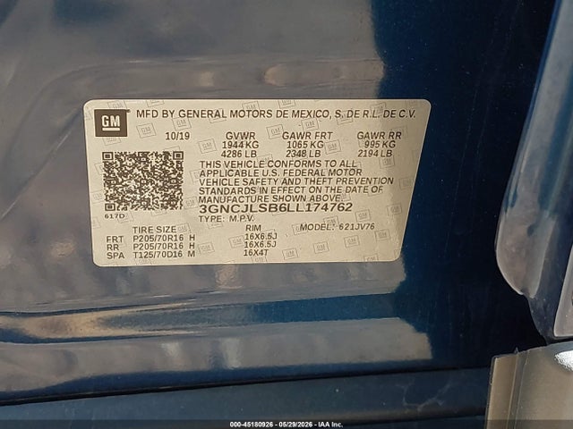 45180926 :رقم المزاد ، 3GNCJLSB6LL174762 vin ، 2020 Chevrolet Trax Fwd Lt مزاد بيع