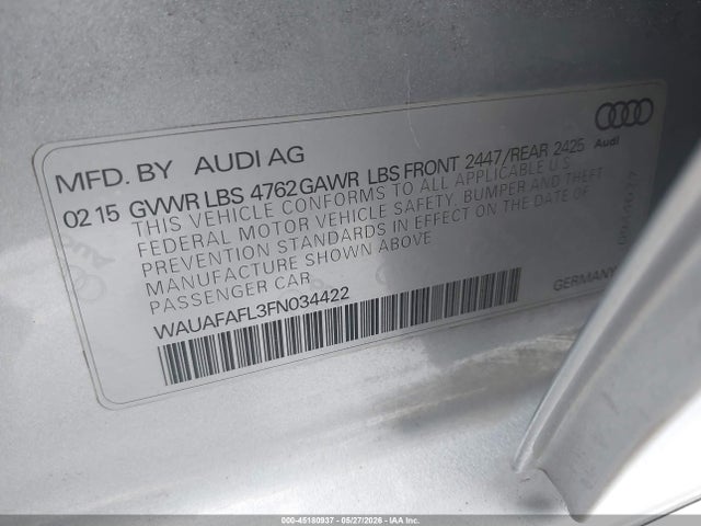 45180937 :رقم المزاد ، WAUAFAFL3FN034422 vin ، 2015 Audi A4 2.0t Premium مزاد بيع