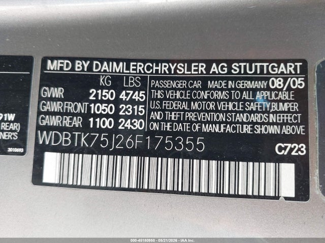 Aukcja sprzedaży 2006 Mercedes-benz Clk 500, vin: WDBTK75J26F175355, numer aukcji: 45180950