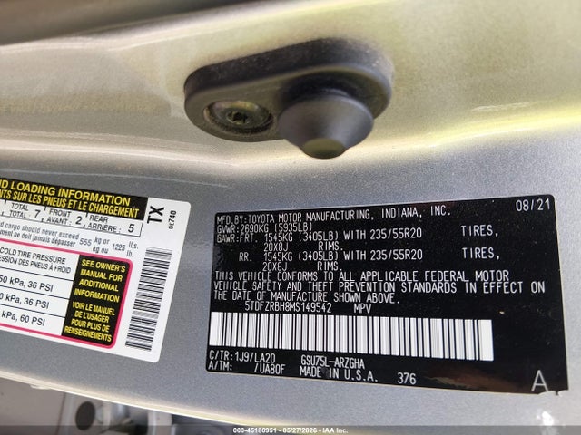 5TDFZRBH8MS149542 Toyota Highlander Platinum