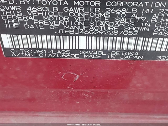 45180953 :رقم المزاد ، JTHBJ46G292287052 vin ، 2009 Lexus Es 350 مزاد بيع