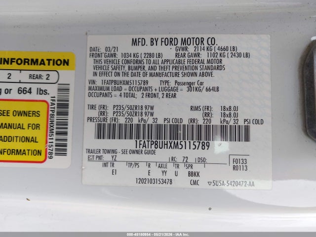 Aukcja sprzedaży 2021 Ford Mustang Ecoboost Premium, vin: 1FATP8UHXM5115789, numer aukcji: 45180954