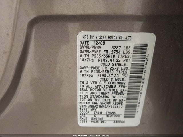 45180955 :رقم المزاد ، JN8AZ1MW4AW114617 vin ، 2010 Nissan Murano S مزاد بيع