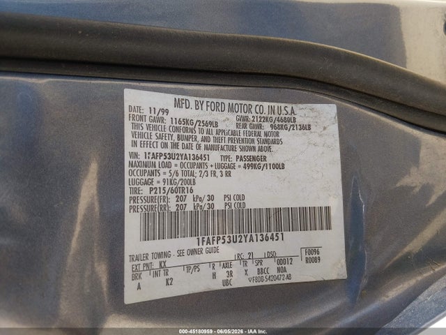 Продажа на аукционе авто 2000 Ford Taurus Se, vin: 1FAFP53U2YA136451, номер лота: 45180959