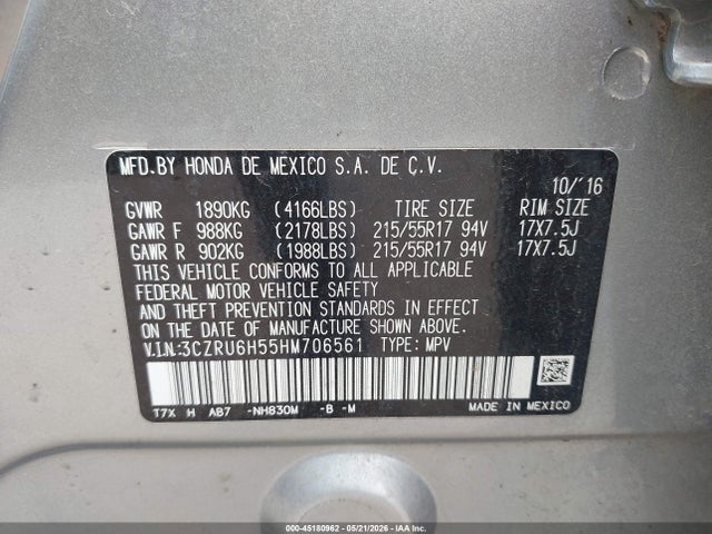 Aukcja sprzedaży 2017 Honda Hr-v Ex, vin: 3CZRU6H55HM706561, numer aukcji: 45180962