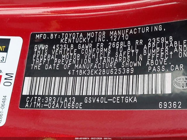 Продажа на аукционе авто 2011 Toyota Camry Xle V6, vin: 4T1BK3EK2BU625389, номер лота: 45180974