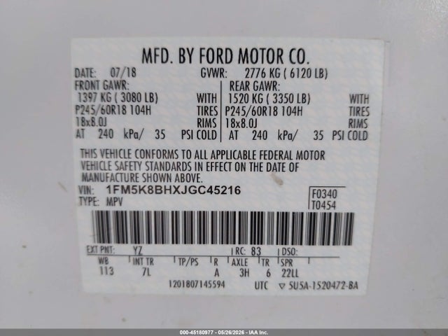 Aukcja sprzedaży 2018 Ford Explorer, vin: 1FM5K8BHXJGC45216, numer aukcji: 45180977