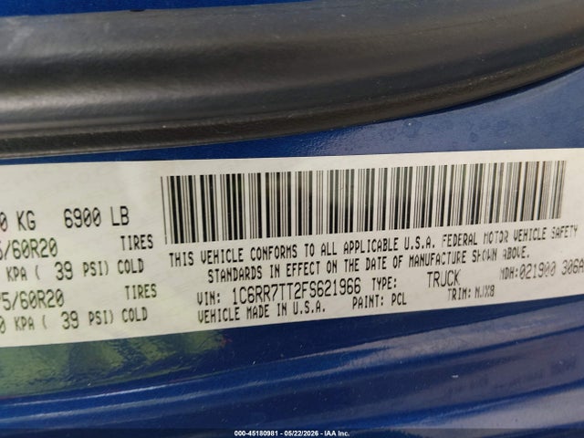 2015 Ram 1500 Big Horn მანქანა იყიდება აუქციონზე, vin: 1C6RR7TT2FS621966, აუქციონის ნომერი: 45180981