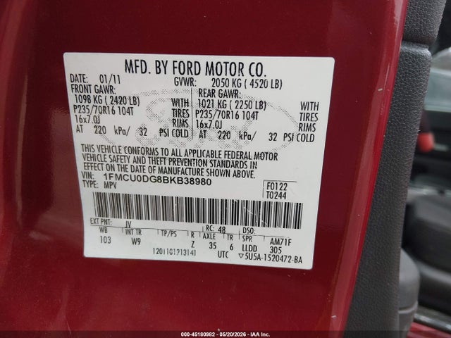 Продаж на аукціоні авто 2011 Ford Escape Xlt, vin: 1FMCU0DG8BKB38980, номер лоту: 45180982