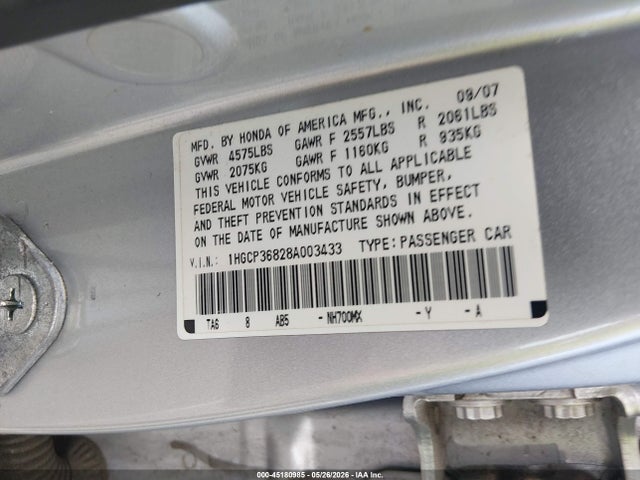 Продажа на аукционе авто 2008 Honda Accord 3.5 Ex-l, vin: 1HGCP36828A003433, номер лота: 45180985
