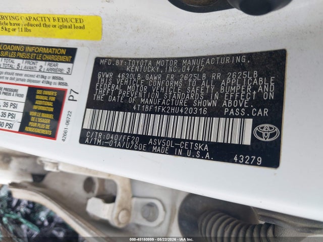 45180999 :رقم المزاد ، 4T1BF1FK2HU420316 vin ، 2017 Toyota Camry Se مزاد بيع
