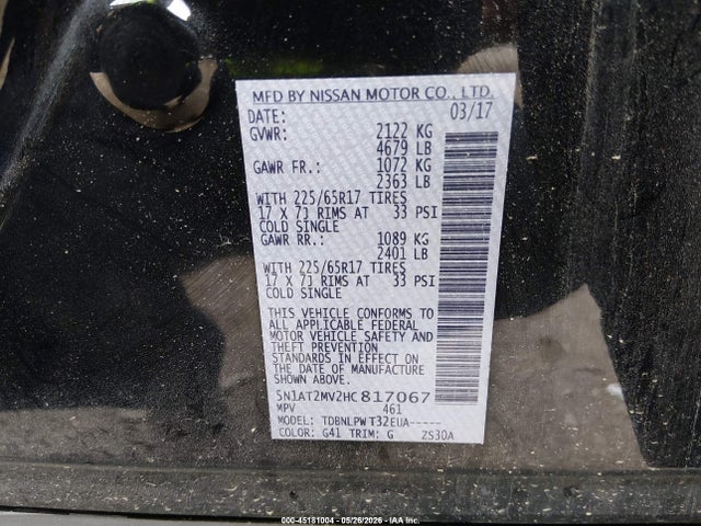 Продажа на аукционе авто 2017 Nissan Rogue S, vin: 5N1AT2MV2HC817067, номер лота: 45181004
