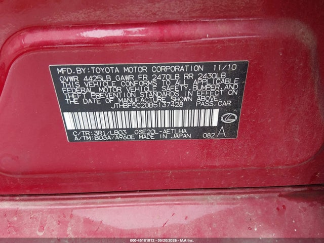 45181012 :رقم المزاد ، JTHBF5C20B5137428 vin ، 2011 Lexus Is 250 مزاد بيع