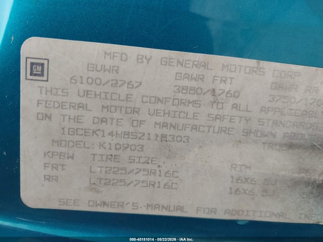 1995 Chevrolet Gmt-400 K1500 მანქანა იყიდება აუქციონზე, vin: 1GCEK14H8SZ118303, აუქციონის ნომერი: 45181014