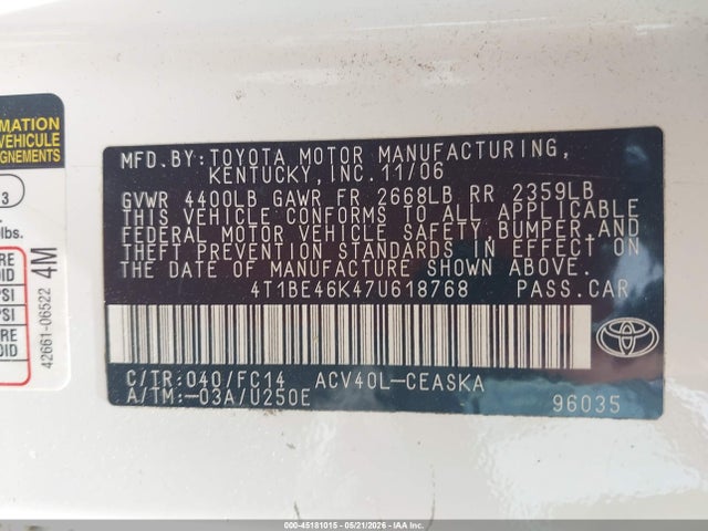 45181015 :رقم المزاد ، 4T1BE46K47U618768 vin ، 2007 Toyota Camry Se مزاد بيع
