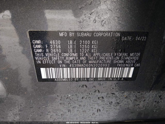 Aukcja sprzedaży 2022 Subaru Legacy Premium, vin: 4S3BWAD60N3020993, numer aukcji: 45181016